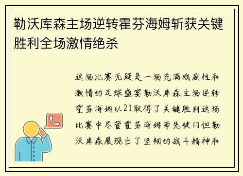 勒沃库森主场逆转霍芬海姆斩获关键胜利全场激情绝杀