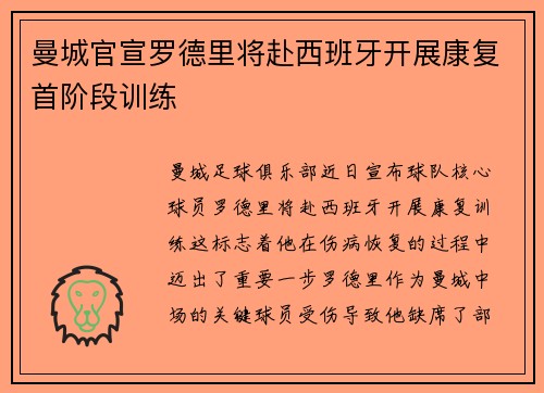 曼城官宣罗德里将赴西班牙开展康复首阶段训练